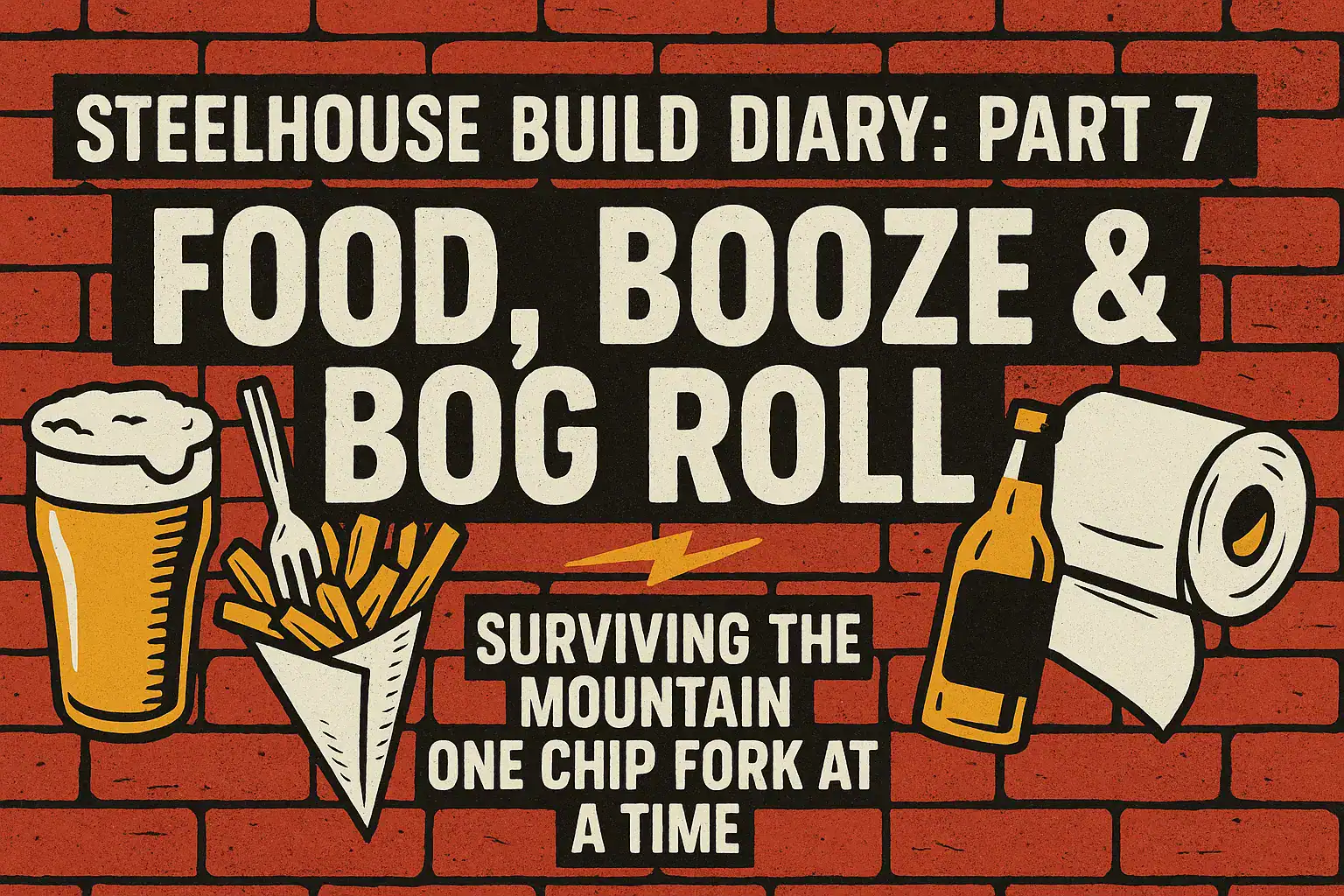 🍟 STEELHOUSE BUILD DIARY: PART 7 – “FOOD, BOOZE & BOG ROLL: SURVIVING THE MOUNTAIN ONE CHIP FORK AT A TIME