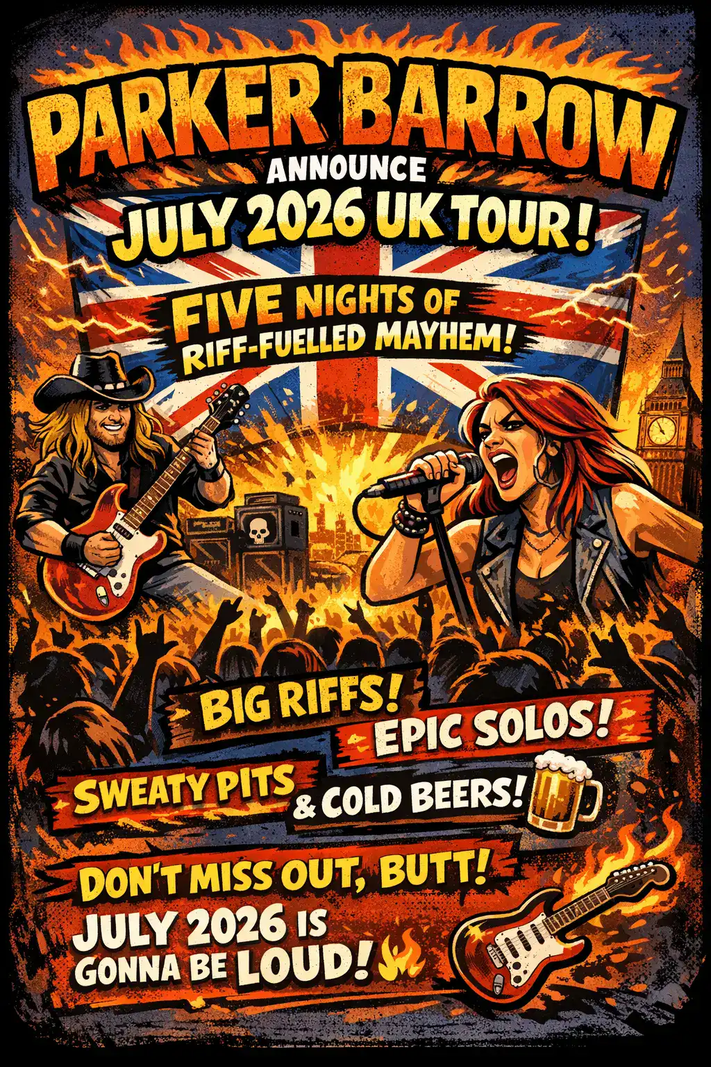๐ธ๐ฅ PARKER BARROW ANNOUNCE JULY 2026 UK TOUR โ FIVE NIGHTS OF RIFF-FUELLED MAYHEM, BUTT! ๐ฅ๐ธ