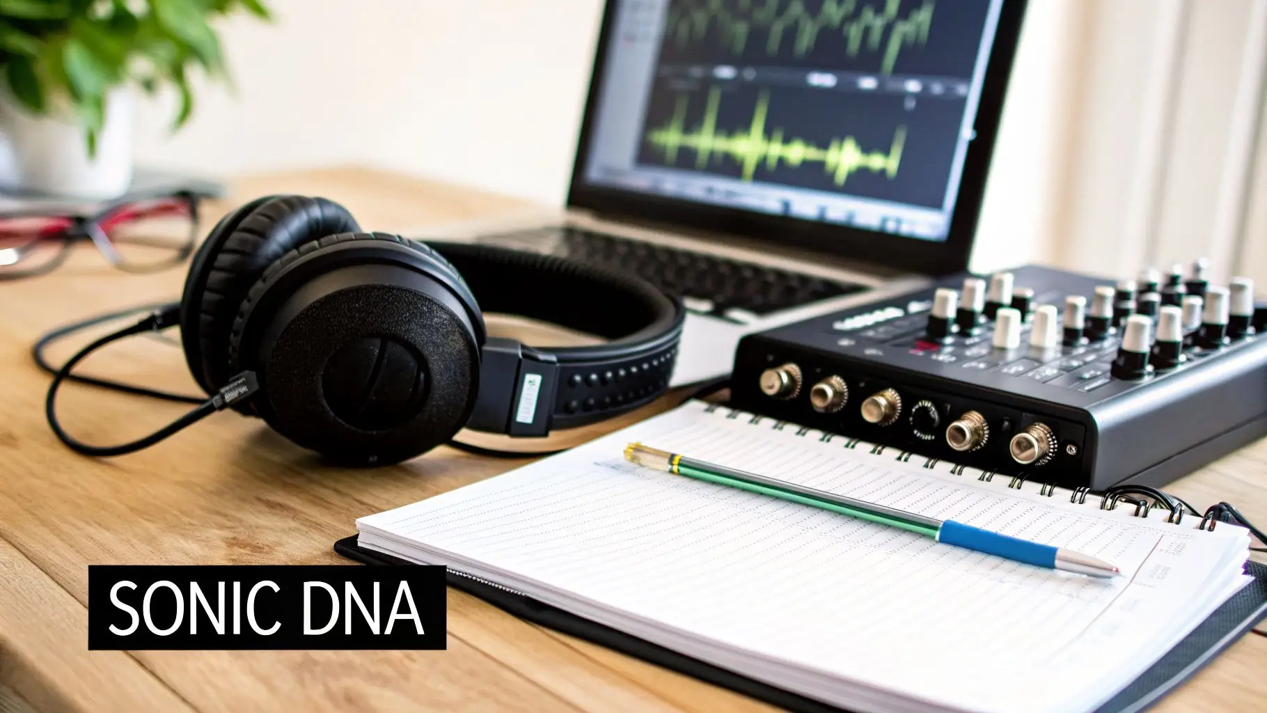 A desk setup for audio production featuring headphones, laptop with waveforms, audio mixer, and a notebook.