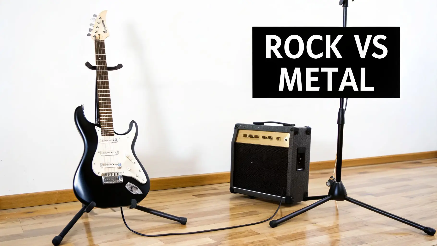 A black electric guitar, amplifier, and microphone stand with a 'ROCK VS METAL' sign.