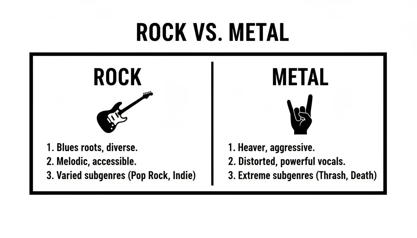 A black and white diagram comparing characteristics of rock and metal music genres.