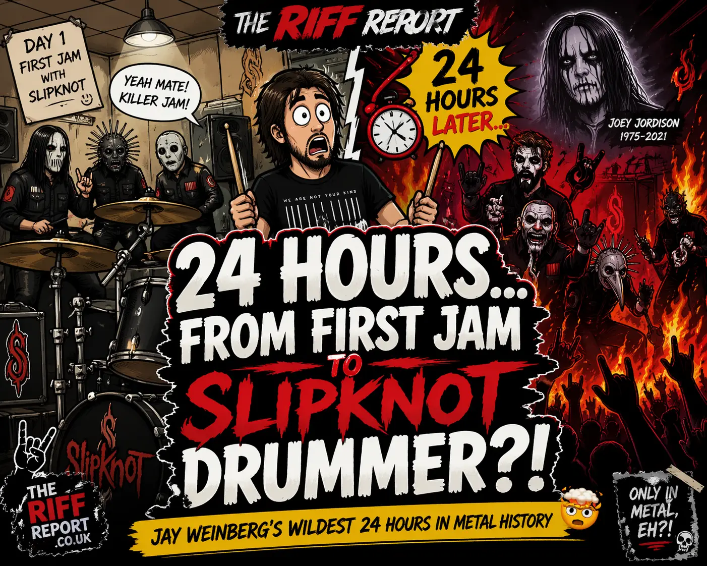 Comic-style cover showing a drummer in a rehearsal room with masked bandmates, flames on the right, and a chaotic crowd in the background with the title about Slipknot drummer.