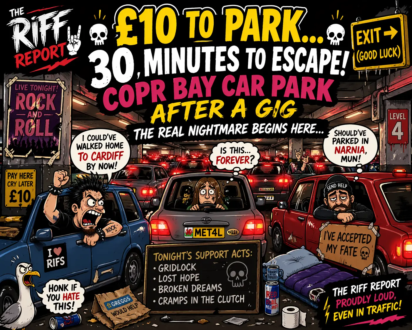 Cartoon poster promoting a rock gig; chaotic parking-lot scene with cars, bold yellow '£10 to park' text and characters in speech bubbles.