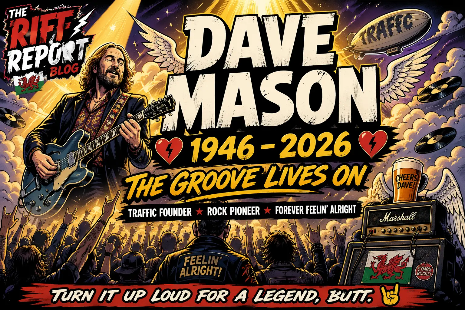 Colorful poster celebrating Dave Mason with guitar on stage, crowd in front, bold text '1946-2026' and 'The Groove Lives On' banner, upbeat rock vibes.