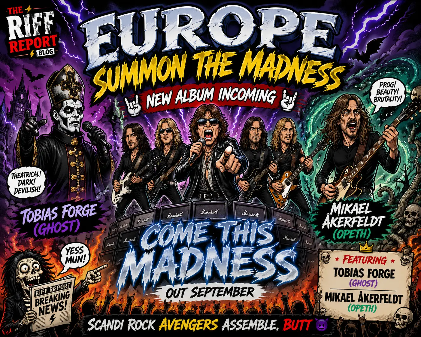 Colorful rock poster announcing Europe's new album 'Summon the Madness' with band members onstage, bold title text, guitars, flames, and skull motifs.