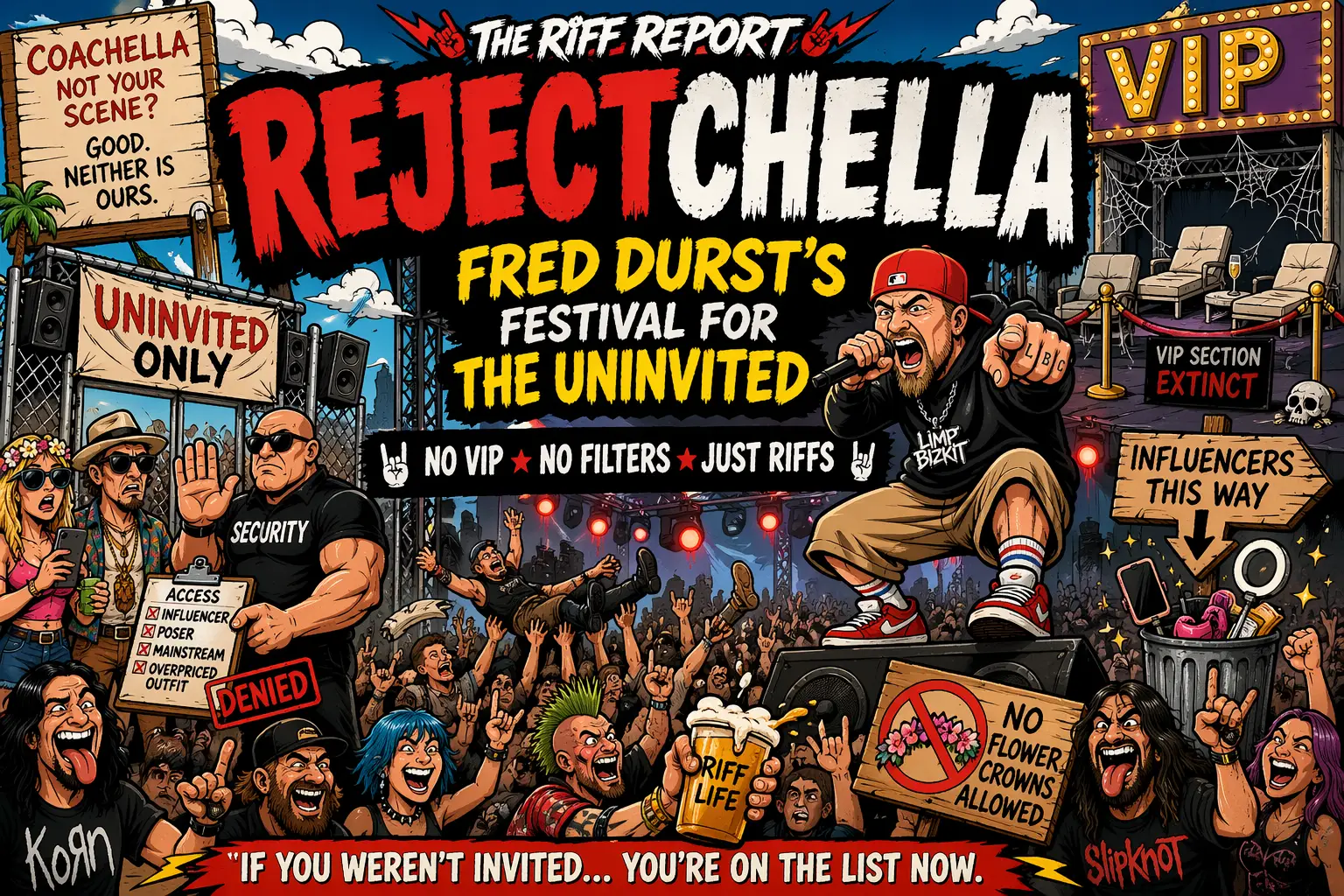 Bold concert poster illustrating 'Reject Coachella' by The Riff Report, promoting Fred Durst's festival for the uninvited amid a wild crowd and VIP area.