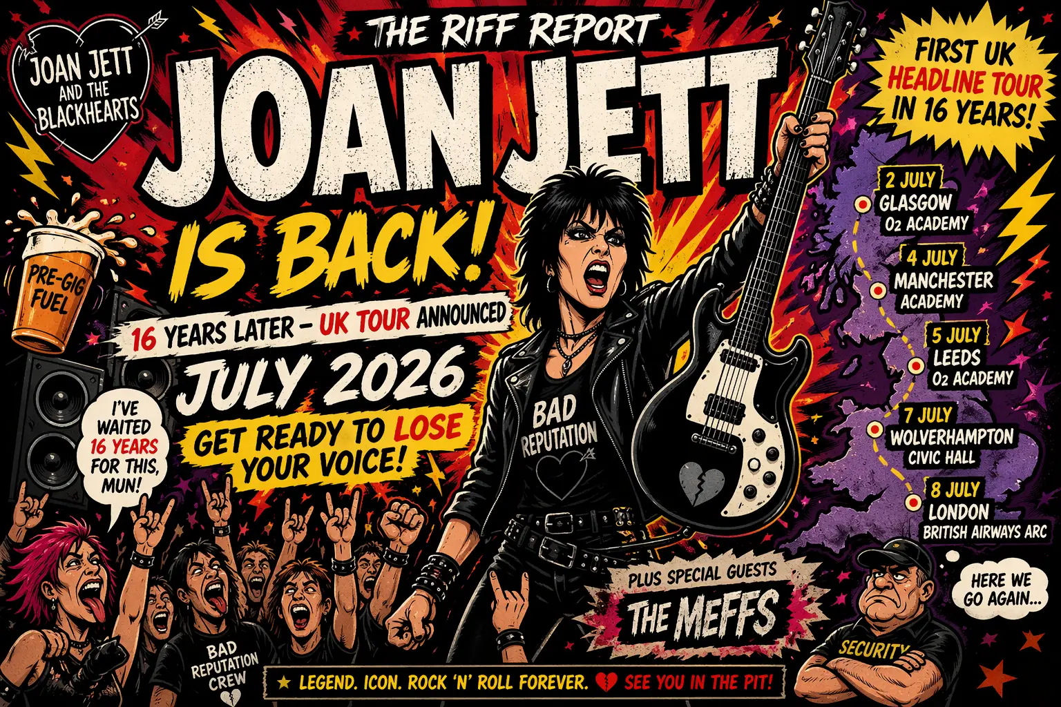 Vibrant concert poster announcing Joan Jett and the Blackhearts comeback, featuring a guitarist front and center, cheering crowd, and UK tour dates.