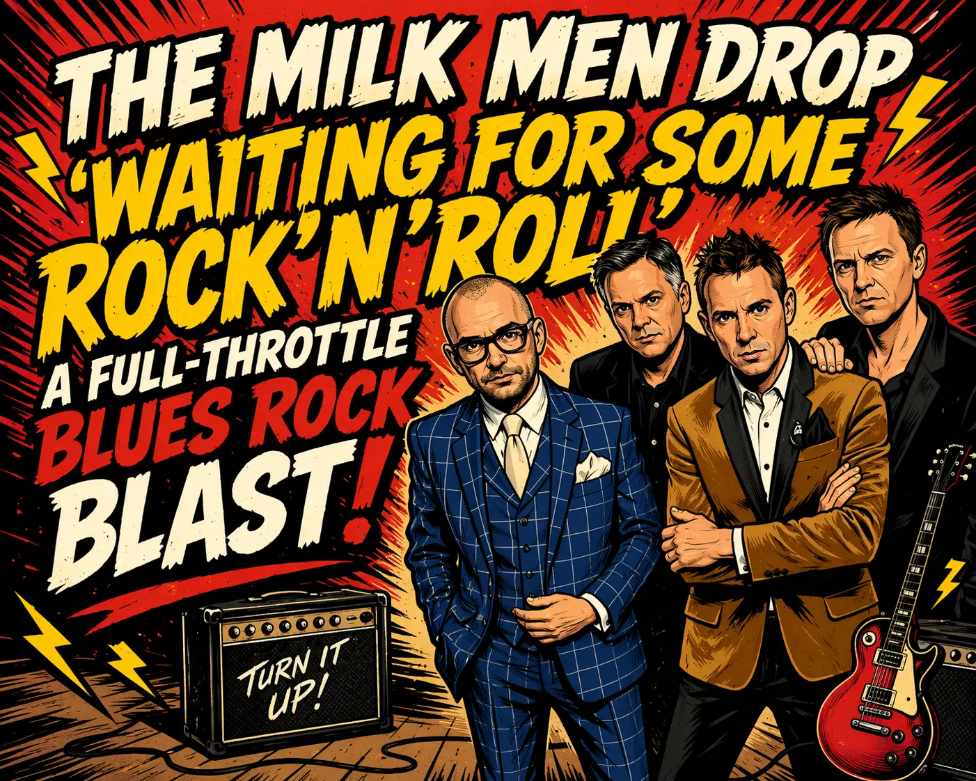 Colorful illustrated rock poster showing four men in suits, guitar, and bold text about rock ’n’ roll; amplifier labeled ‘Turn It Up!’ on the stage edge.