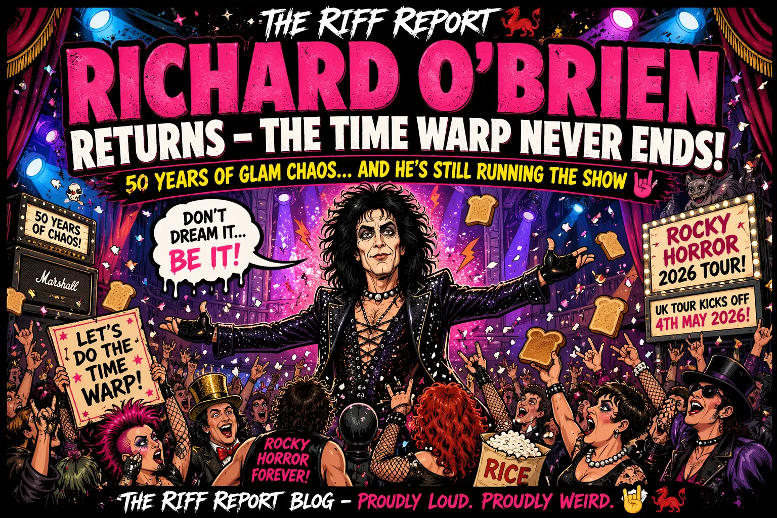 Colorful poster announcing Richard OโBrienโs Rocky Horror 2026 tour, with OโBrien on stage, giant pink letters, a cheering crowd, and banners reading '50 years of glam chaos' and 'Letโs do the time warp.'