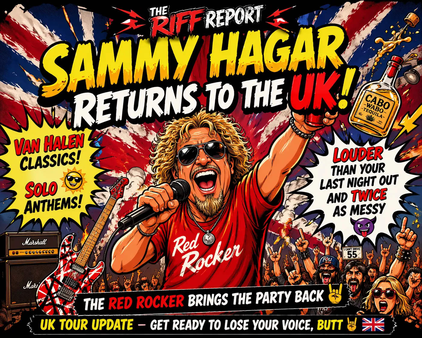 Colorful concert poster featuring Sammy Hagar on stage, microphone in hand, raising a tequila bottle with bold UK tour headlines above him.