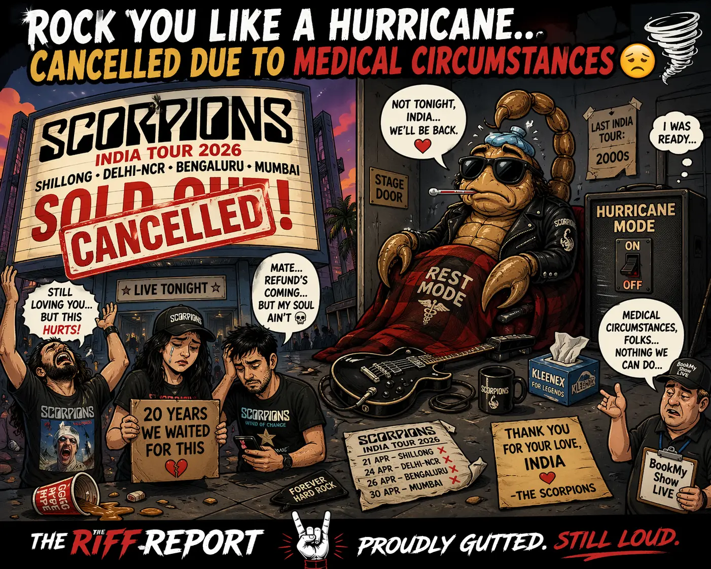 Cartoon poster announcing the Scorpions India Tour 2026 is cancelled due to medical circumstances, with fans reacting outside the venue.