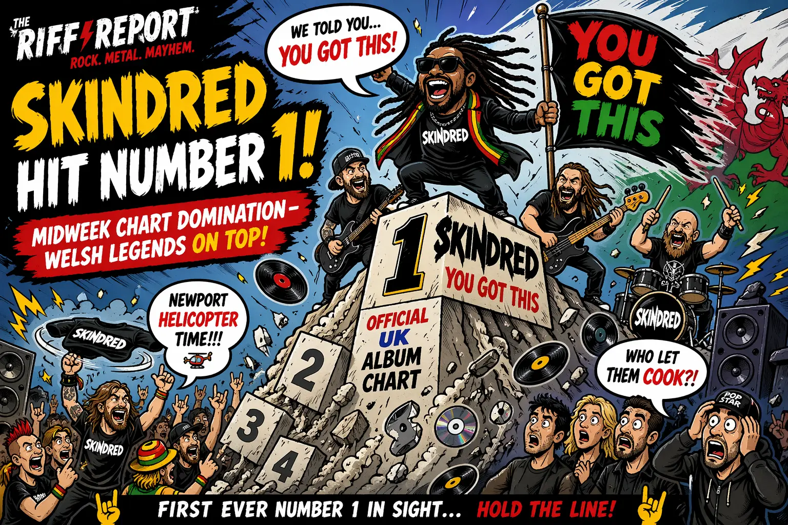 Promotional poster for Skindredโs Hit Number 1 with band performing on a pyramid, crowd cheering, and bold headlines like 'You Got This' and 'Hit Number 1'.