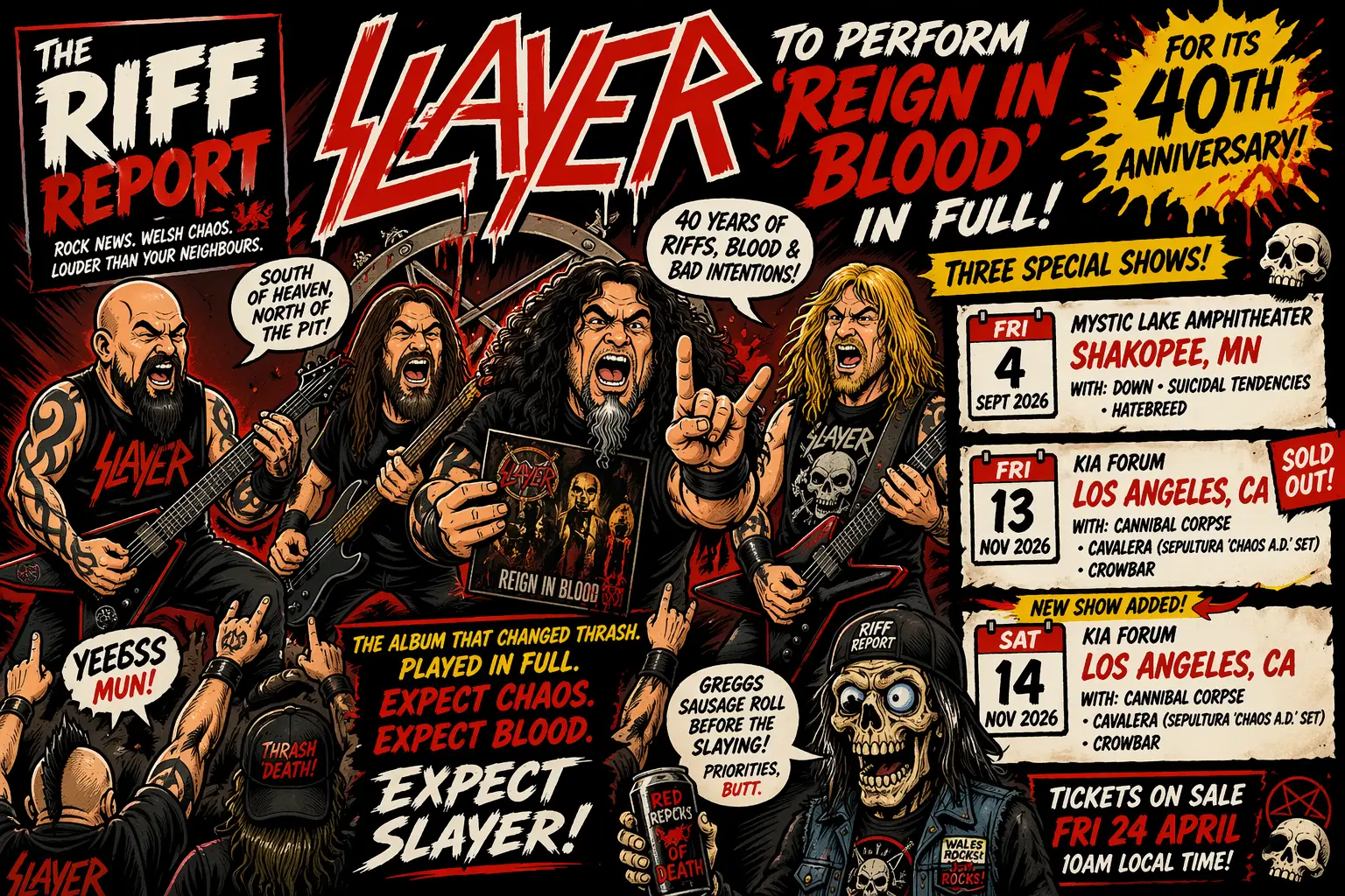 Colorful Slayer poster announcing the band’s 40th anniversary tour with members playing guitars and a crowded crowd in a chaotic, comic-book style.
