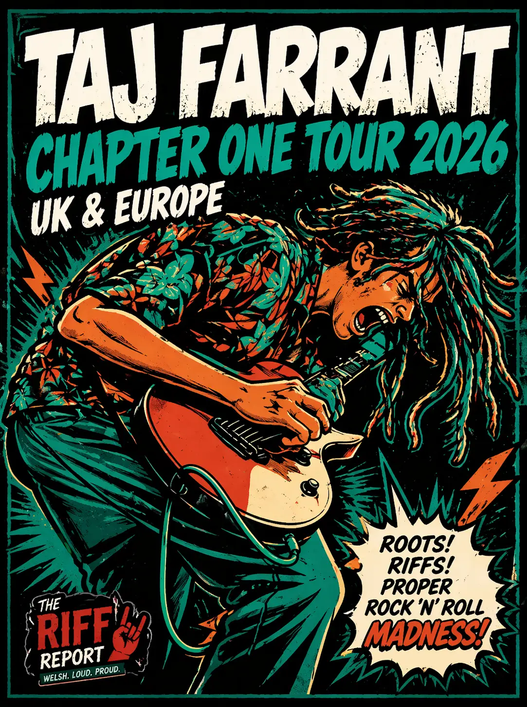 Promo poster for Taj Farrant Chapter One Tour 2026 UK & Europe, featuring a guitarist with long hair shredding an electric guitar.