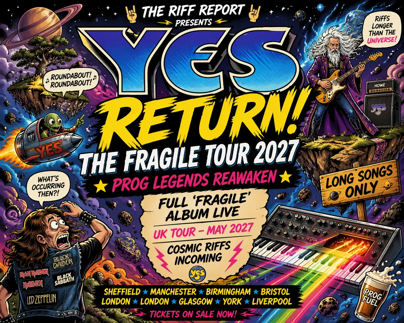 Promotional poster for Yes's 'Return! The Fragile Tour 2027' with bold yellow 'RETURN!' and a rainbow-colored keyboard scene in space-themed art