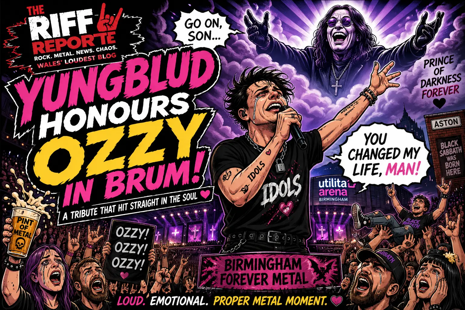 Comic-style poster advertising Yungblud honours Ozzy in Brum, showing a singer on stage as a crowd cheers under a purple sky.
