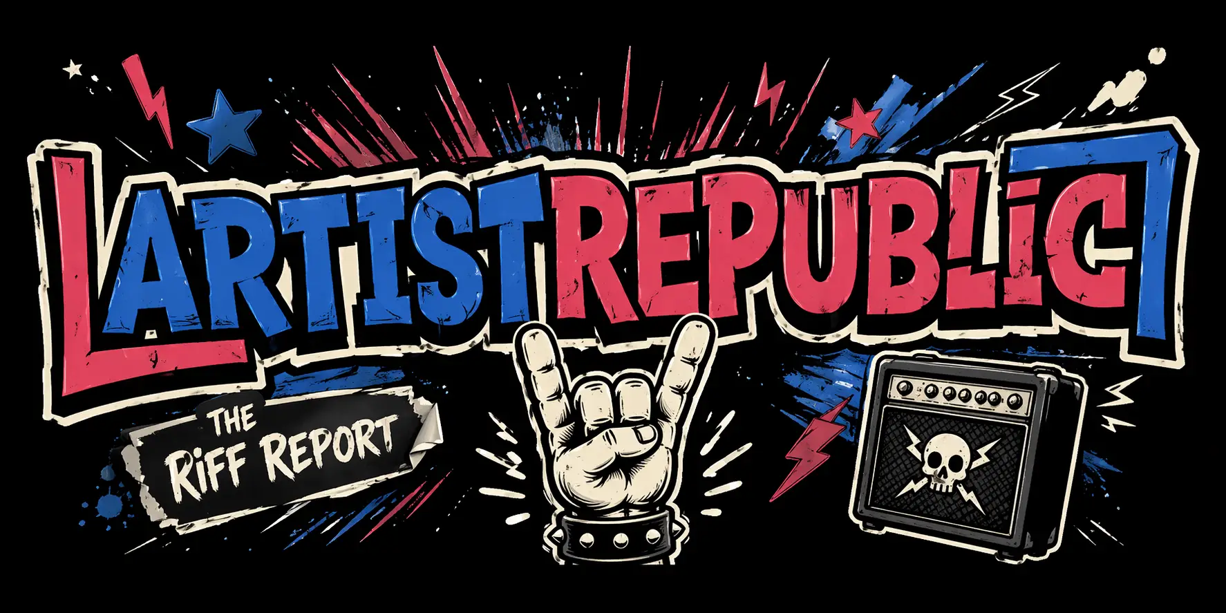 Bold comic-style banner reading 'ARTIST REPUBLIC' in red and blue, with a rock-handed gesture and a skull-on-amplifier; 'The RIFF REPORT' ribbon.