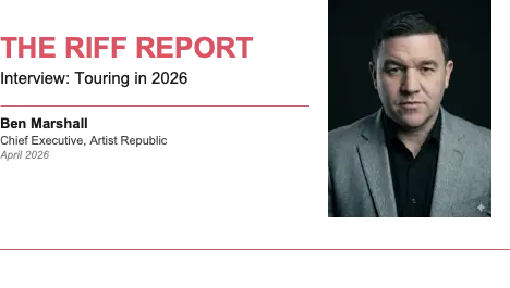 Header for The RIFF REPORT: Interview: Touring in 2026, with a man in a gray blazer on the right.