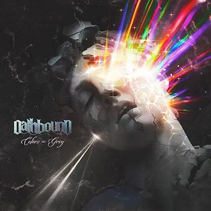 Album cover: a cracked stone bust with multicolored light beams bursting from the head, and the text 'Darkbawn' 'Colors in Grey' on the left.