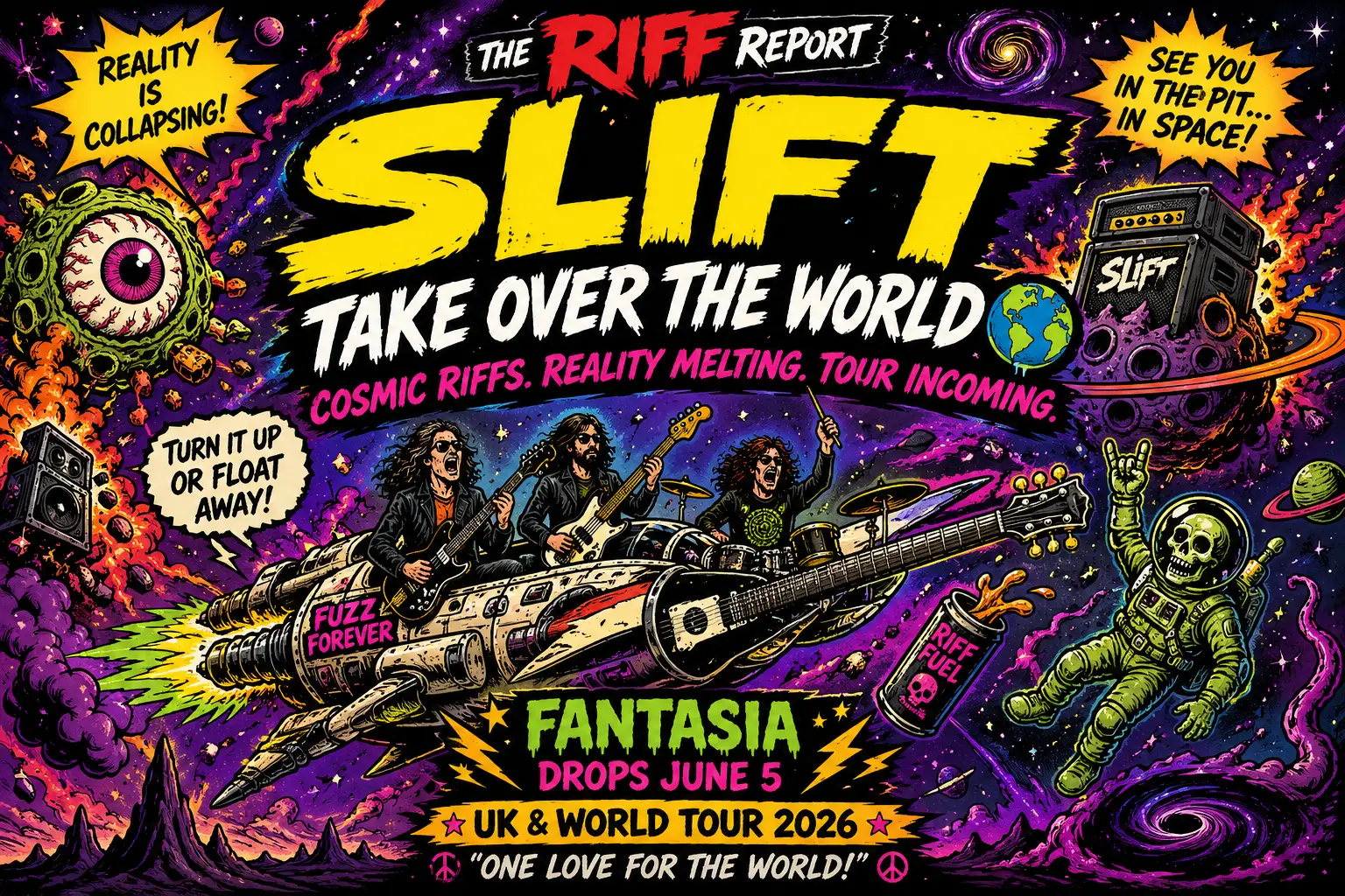 Colorful space‑themed concert poster for the band Slift, with a futuristic ship carrying three guitarists amid planets and cosmic imagery, and bold tour text.