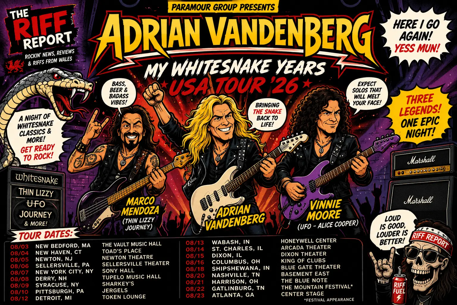 Colorful concert poster for Adrian Vandenberg's USA Tour '26' with three guitarists on stage and comic-style bubbles.