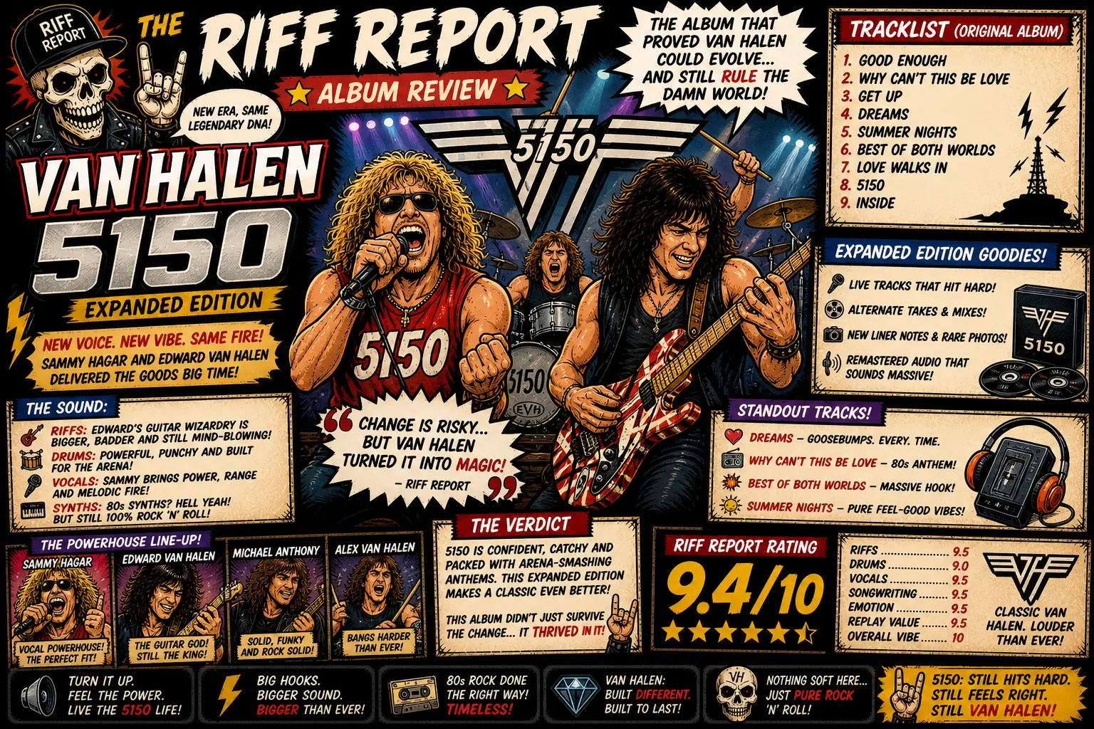 Comic-book style poster for Van Halen 5150 Expanded Edition featuring the band performing on stage.