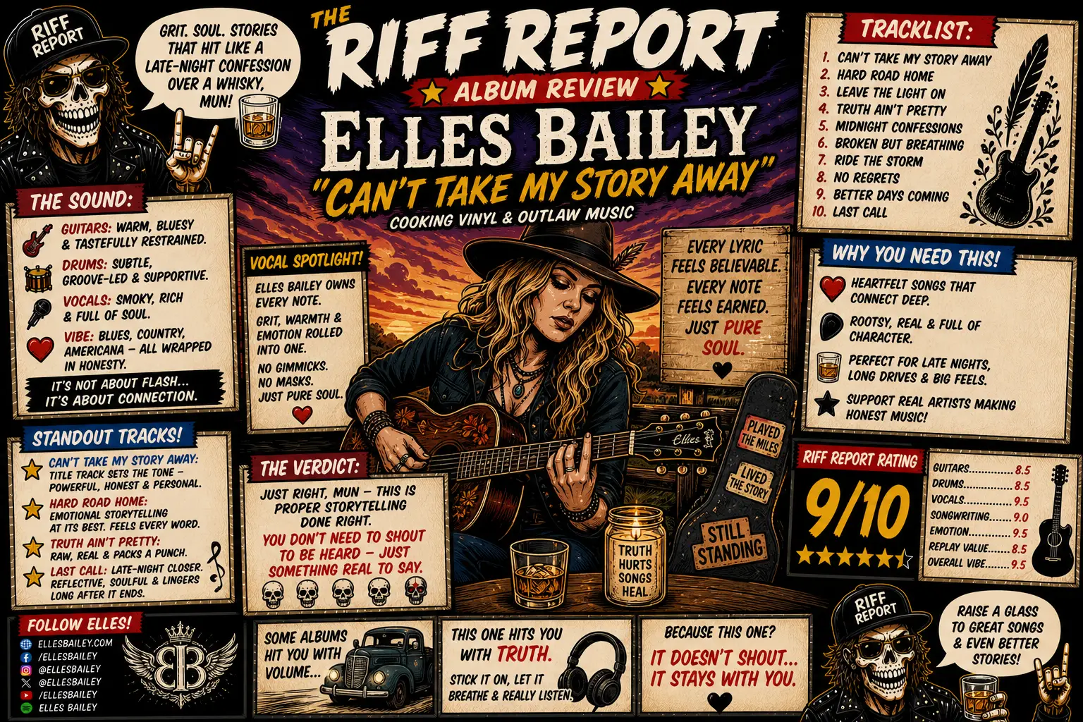 Illustrated poster promoting Elles Bailey's album 'Can't Take My Story Away' with a guitarist centerpiece and multiple info panels (tracklist, quotes, stats).