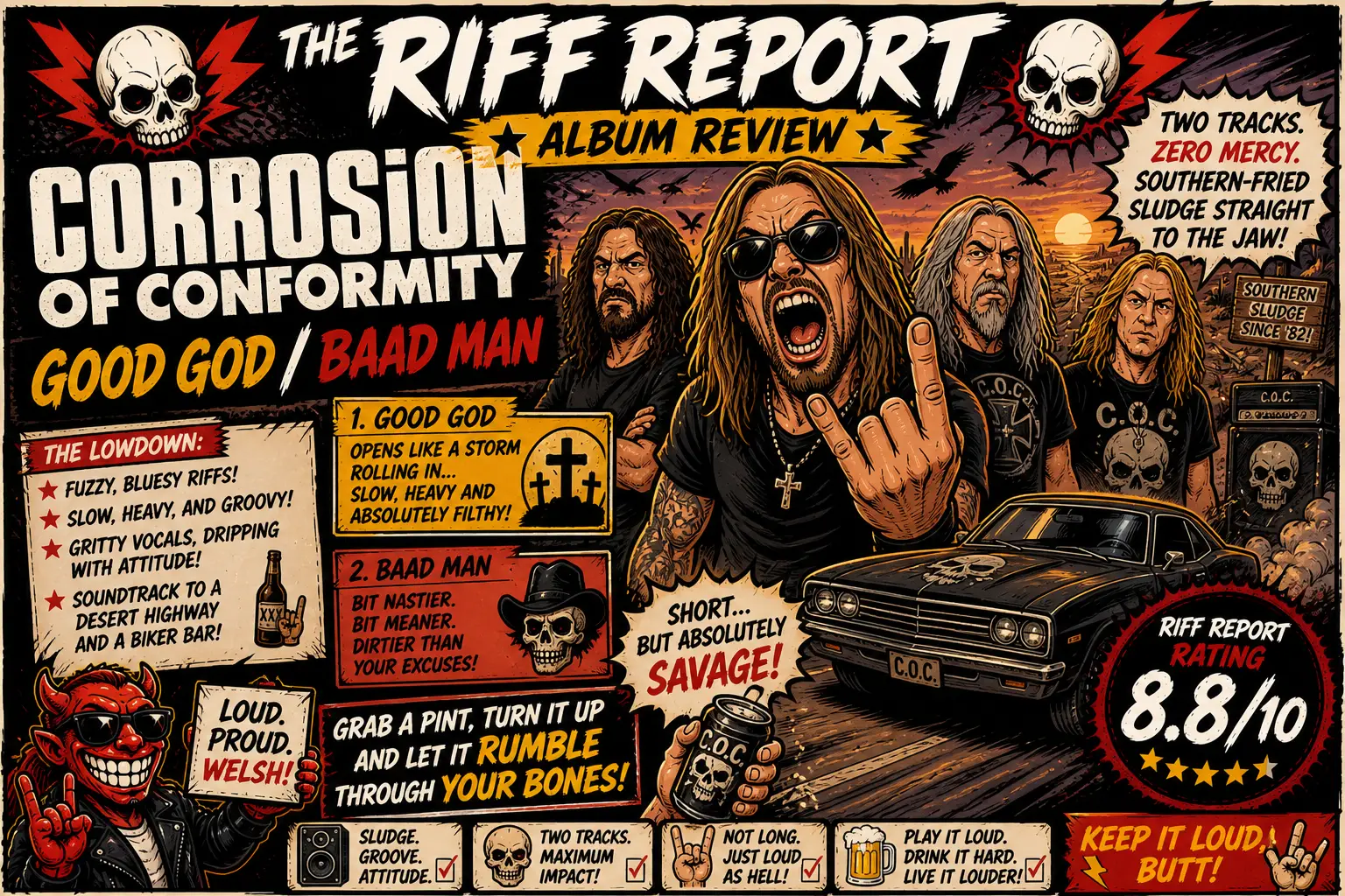 Comic-book poster for The Riff Report album review: Corrosion of Conformity with four band members, a black car, skulls, and bold headlines.