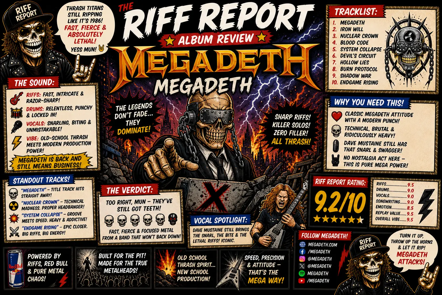 Collage-style poster for The Riff Report Megadeth album review, featuring a skull in a suit, bold title text, tracklist panels, and a guitarist in the foreground with fiery graphics.