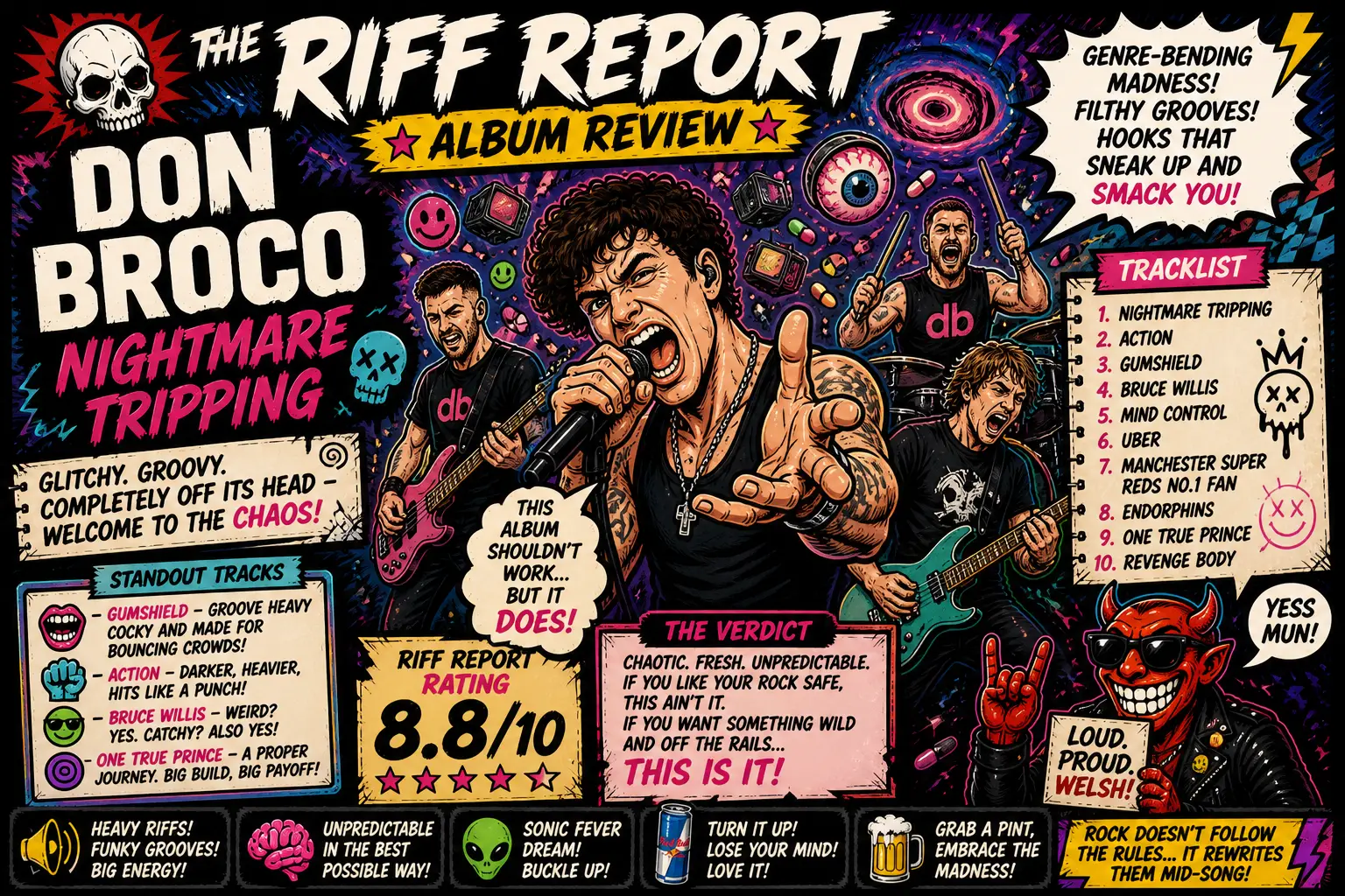 Comic-book poster for Don Broco's Nightmare Tripping album with band playing live, title, and a tracklist.