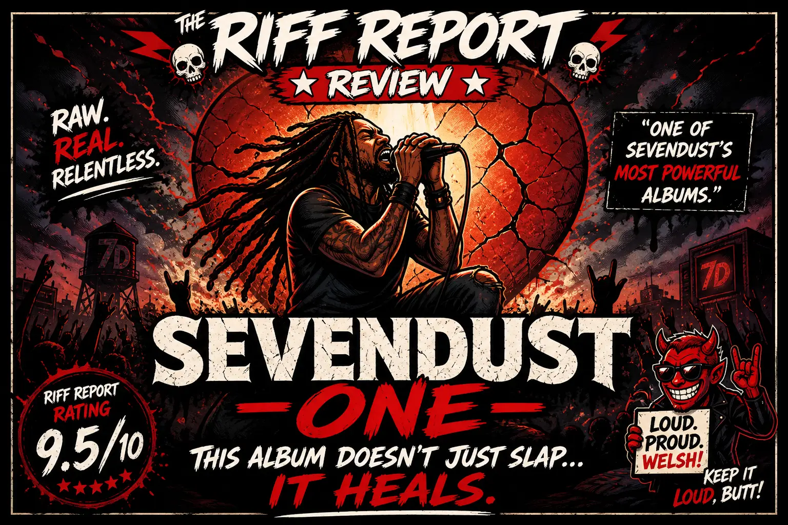 Comic-style concert poster announcing Sevendust's 'One' with a frontman singing on a fiery red cracked-sun backdrop and a cheering crowd.