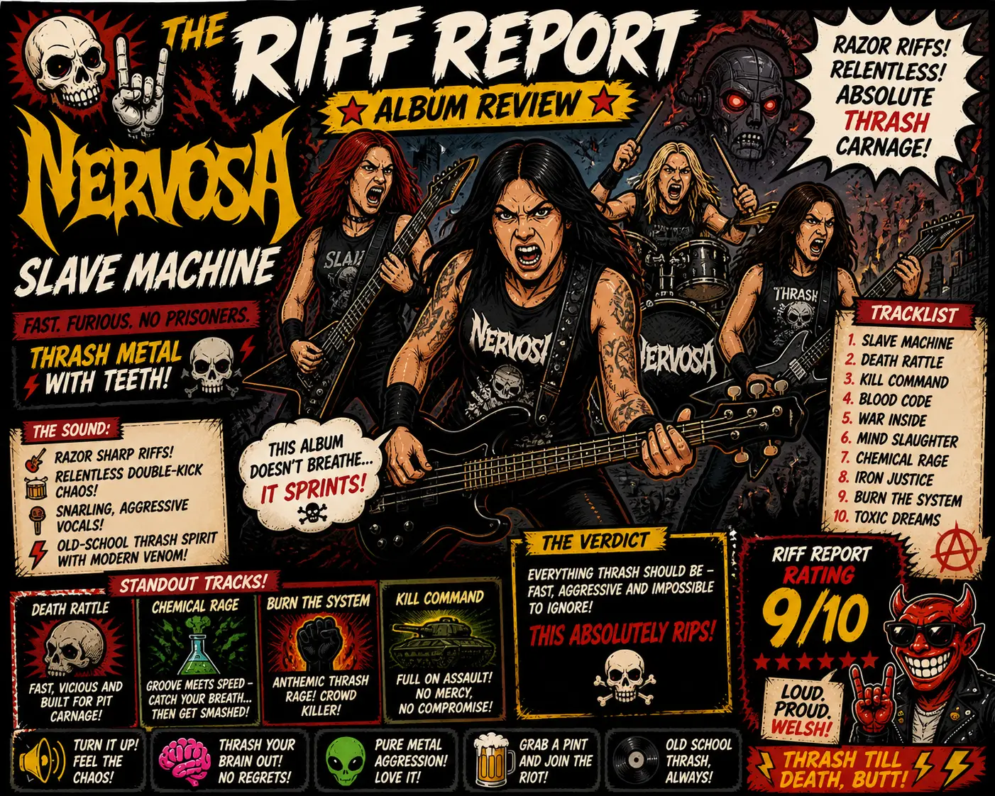 Comic-style band poster for Nervosa's Slave Machine album with four musicians, guitars, skulls, and bold headlines.
