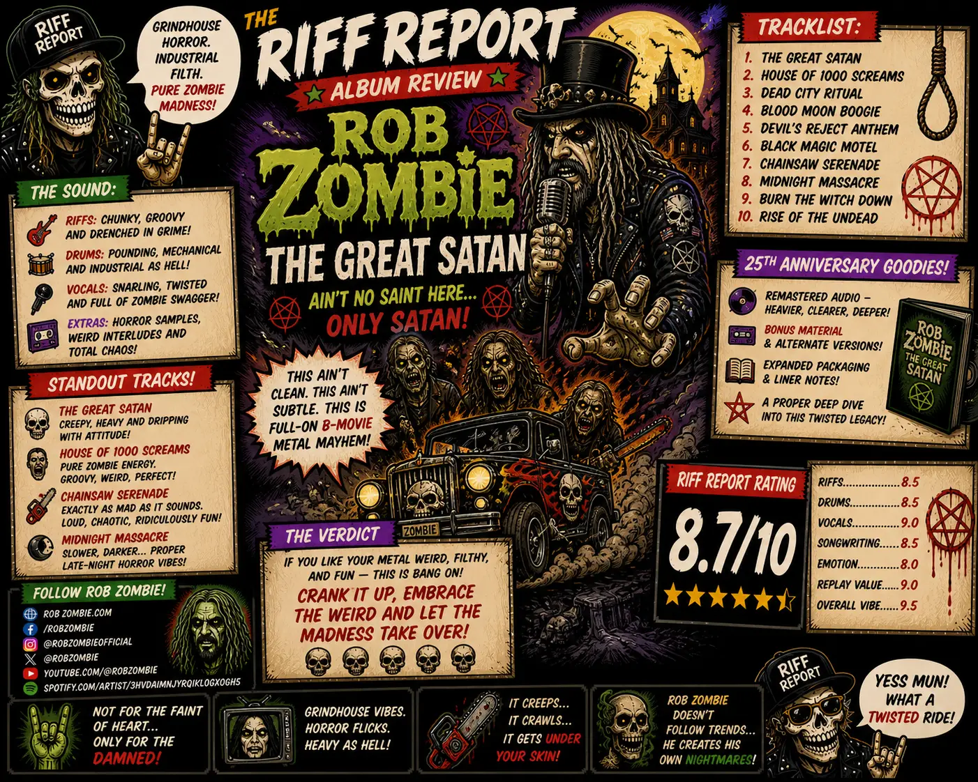 Album cover for Rob Zombie's 'The Great Satan' showing a menacing guitarist with a mic, flames, skulls, and a roaring monster truck in the center.
