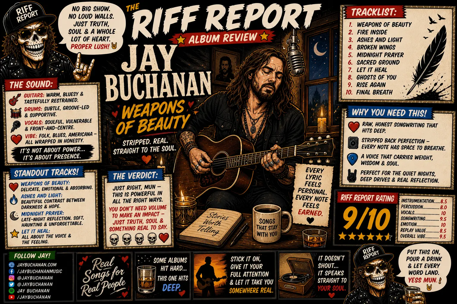 Illustrated album-poster promoting Jay Buchanan’s Weapons of Beauty, featuring a guitarist centerstage with side panels listing tracks and notes.