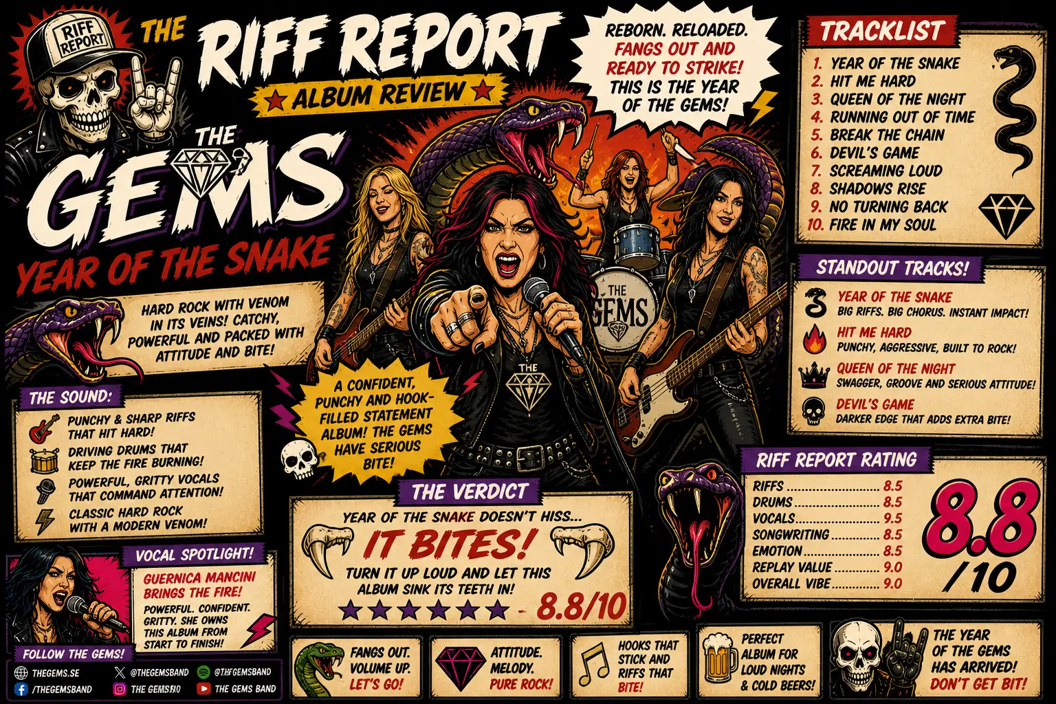 Comic-style band poster for The Gems 'Year of the Snake' featuring the vocalist pointing forward with snakes and flames in the background.