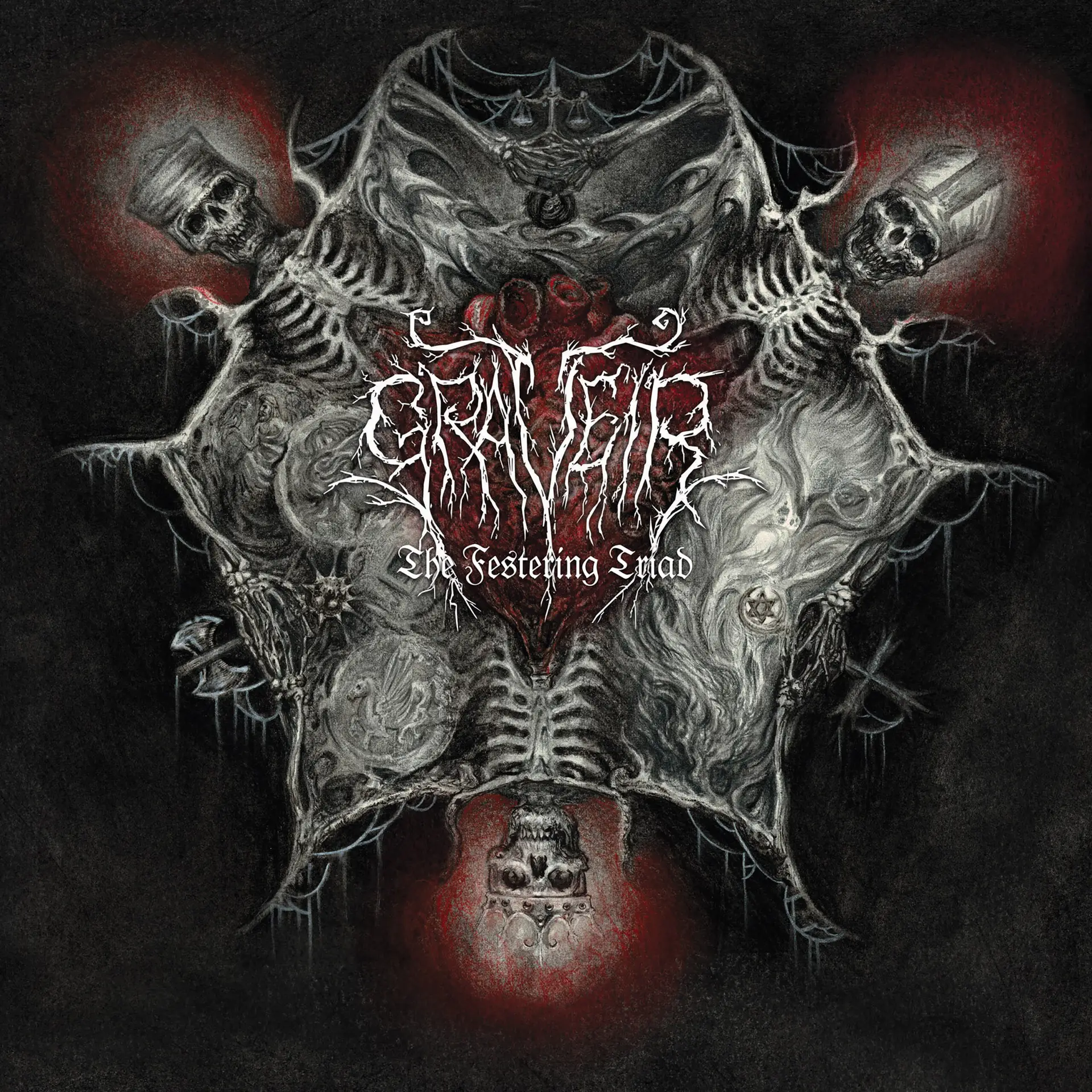 Dark artistic illustration of a skeletal figure with red stains and web-like details on a black background.