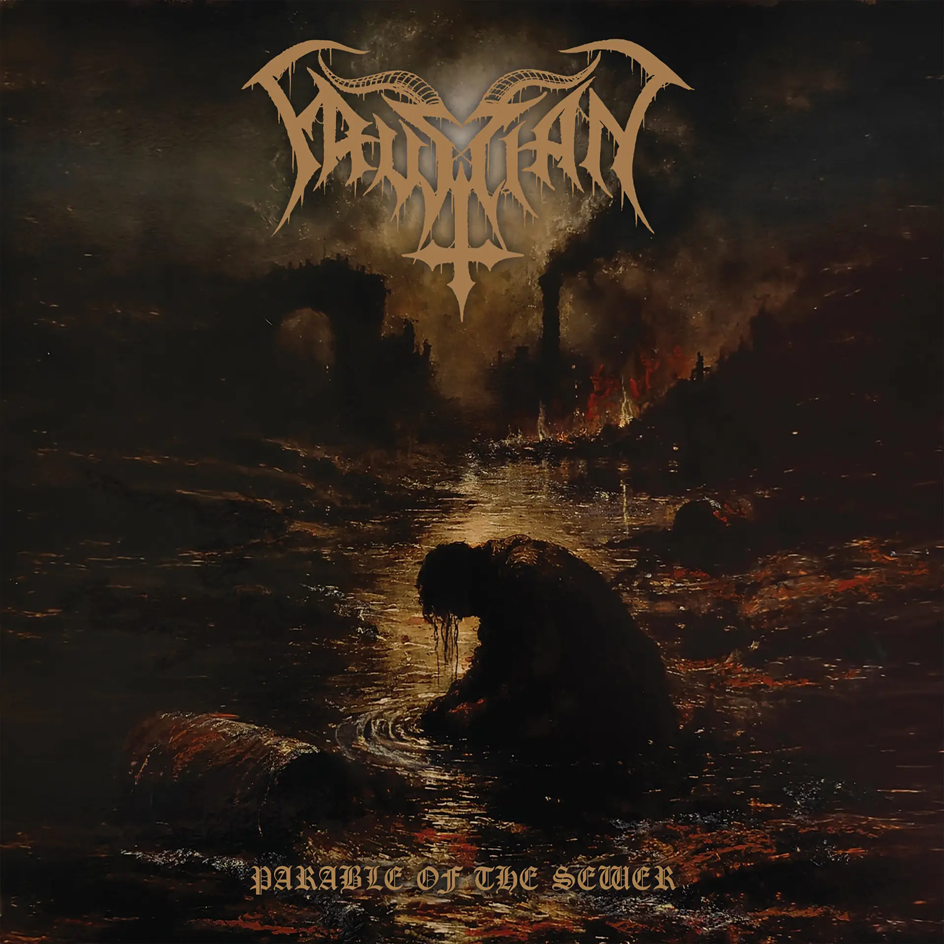 Dark, stormy landscape with a large tan winged emblem centered and faint ornate text at the bottom.