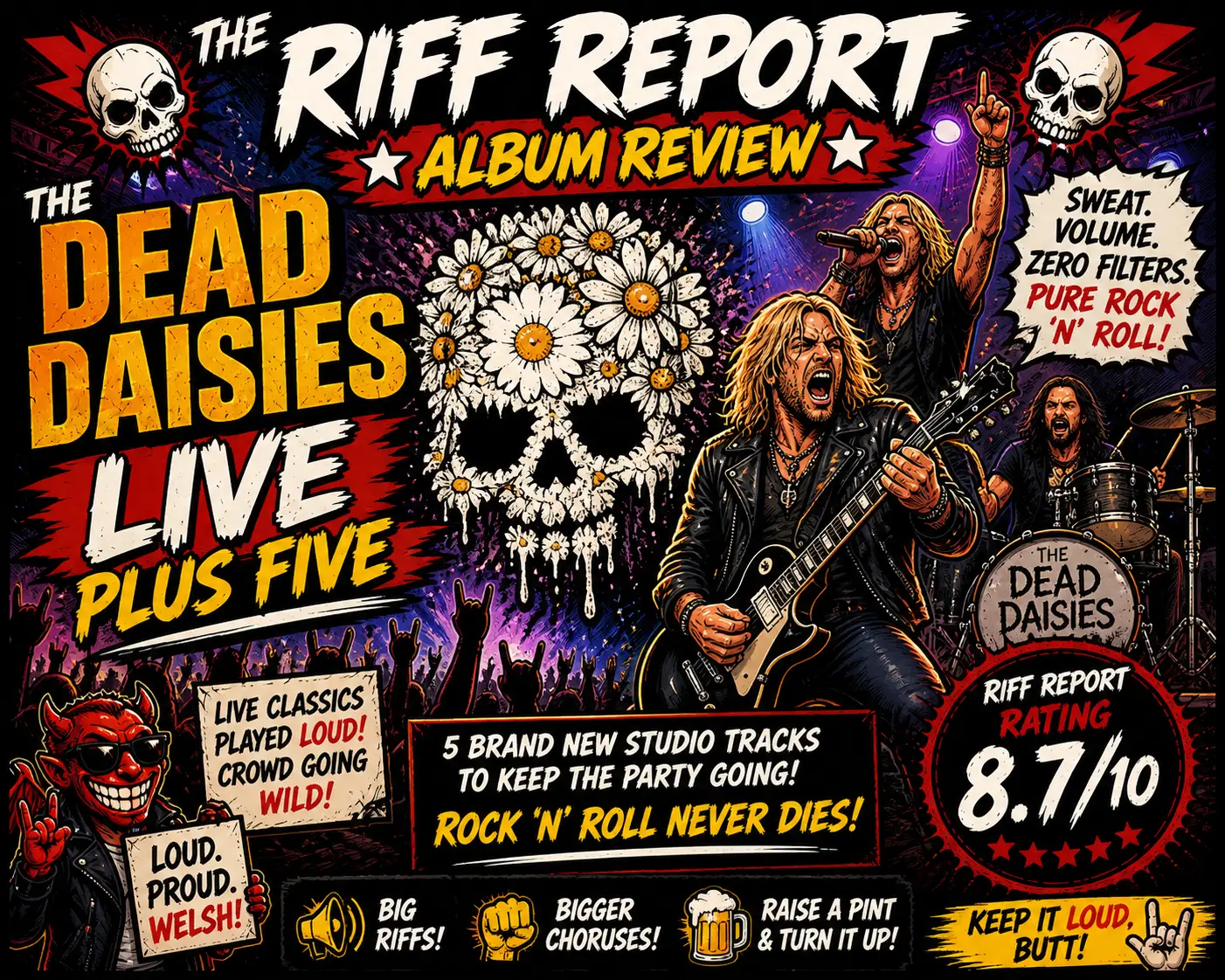 Colorful rock-poster promoting The Dead Daisies live show with skulls, daisies, and a guitarist center stage while a crowd cheers. Includes 'The Riff Report' and 'Live Plus Five' text.