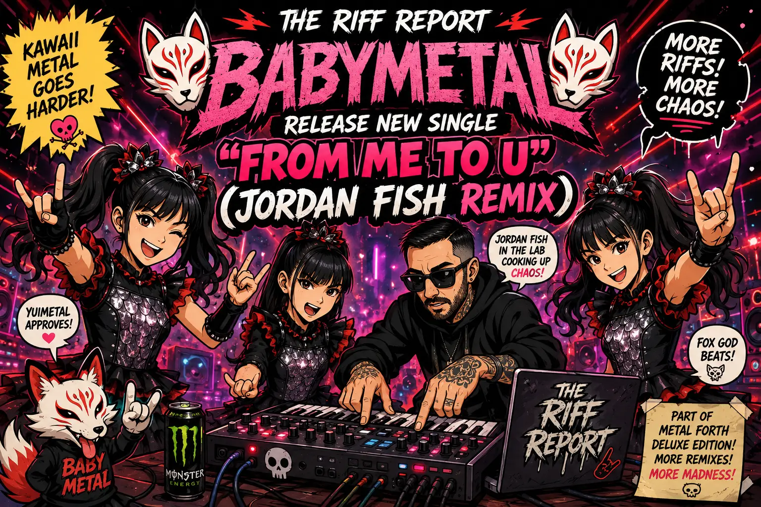 Promotional Babymetal banner with cartoon mascots, four performers, a DJ, and the bold title 'From Me To U' remix.