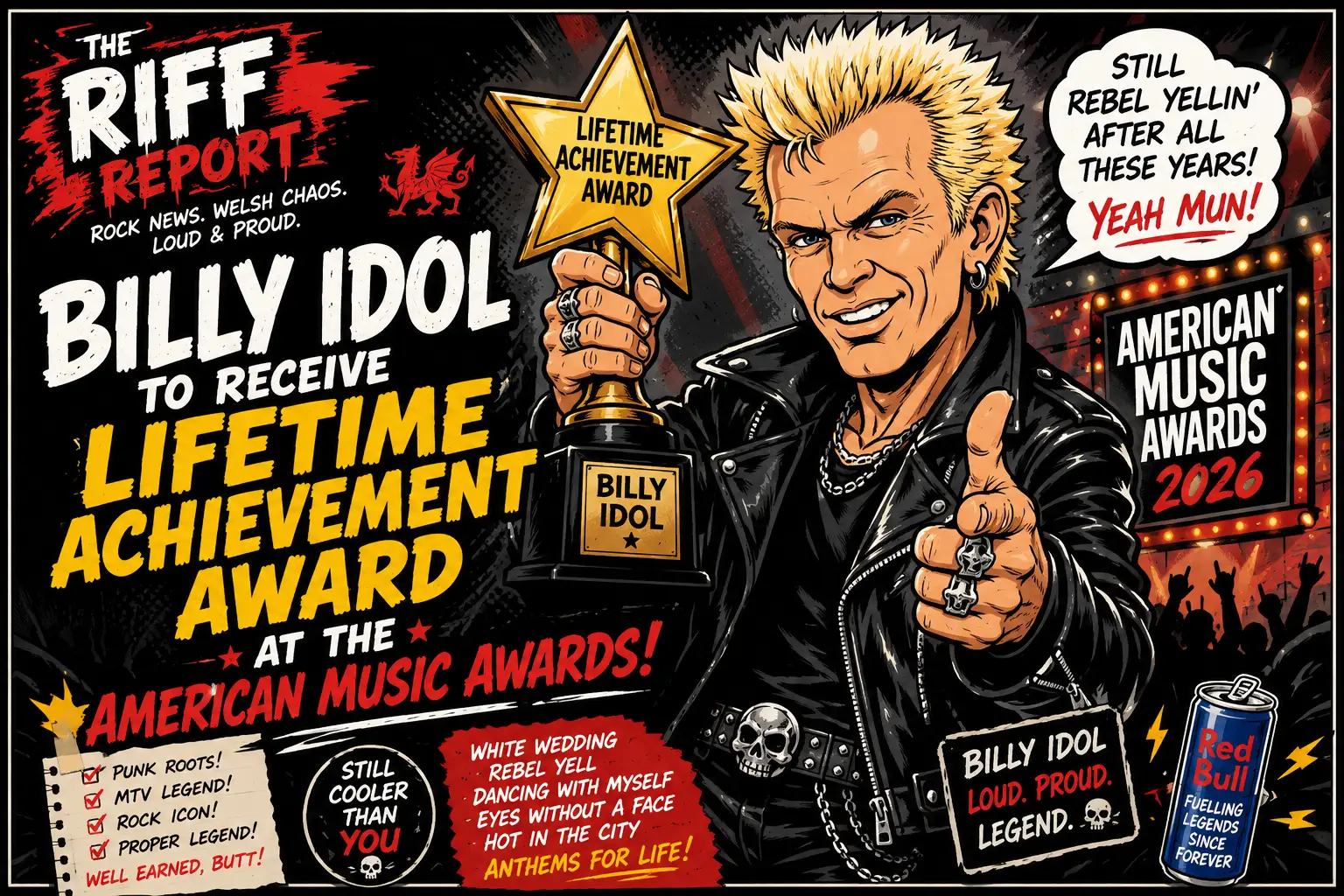 Comic-book style poster announcing Billy Idol to receive Lifetime Achievement Award at the American Music Awards; shows Billy Idol holding a star trophy and giving a thumbsโup, with bold headlines and a cheering crowd in the background.