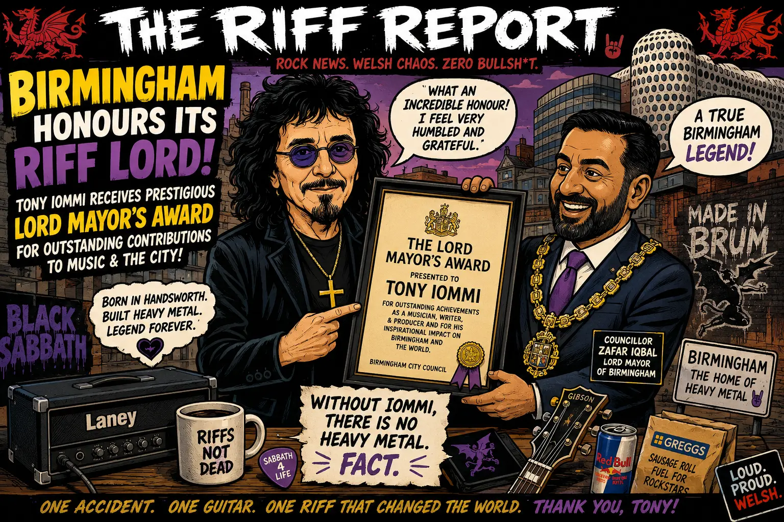 Comic cover titled The Riff Report: Tony Iommi honored with the Lord Mayor's Award; cartoon of Iommi and a smiling presenter in a city skyline, holding a framed certificate, with a guitar nearby and bold headlines celebrating Birmingham's metal legend.