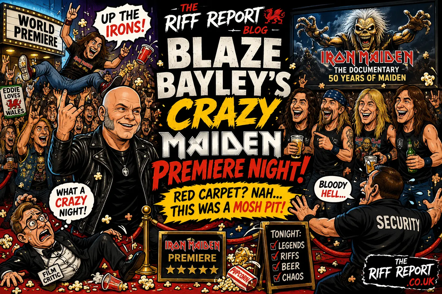 Promotional poster for Blaze Bayley’s Crazy Maiden Premiere Night featuring a cheering crowd, band members, and bold event text.