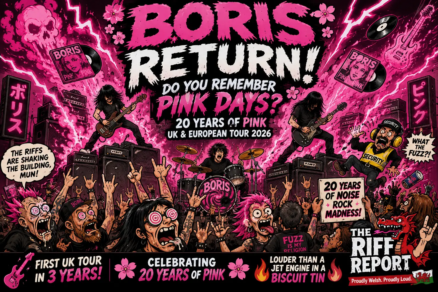 Promotional poster for Boris' tour: a cartoon rock band on stage amid pink lightning with a cheering crowd and bold pink/black text about 20 years of Pink and the return!