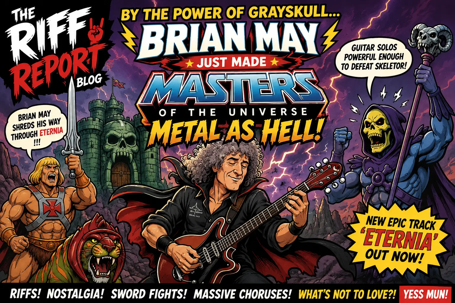 Comic-book style poster announcing Brian May's Masters of the Universe: Metal as Hell, with May playing guitar amid heroic and monstrous figures.