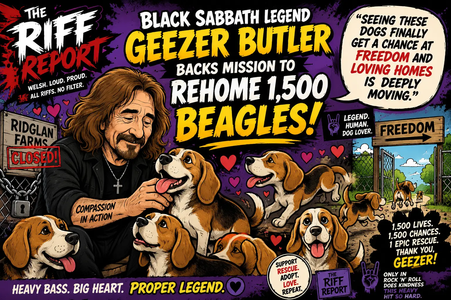 Illustration of a beagle rescue poster: a man with long hair kneeling among happy Beagles, signs reading CLOSED and RIDGLAN FARMS, a FREEDOM gate, bold yellow title text about rehomeing 1,500 Beagles, and a speech bubble praising freedom and loving homes.
