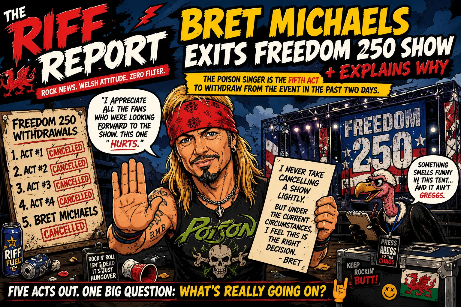 Comic-book cover showing Bret Michaels at the Freedom 250 stage, holding a protest sign; a list shows cancelled acts and bold headlines above.