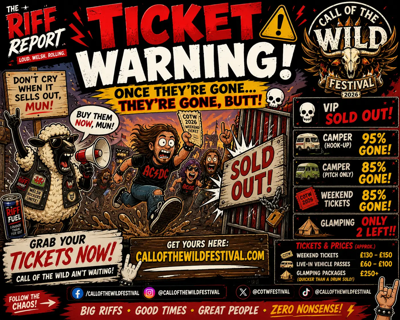 Bold festival poster announcing a ticket warning and Sold Out status for Call of the Wild Festival, with chaotic crowd and AC/DC-style rock vibe.