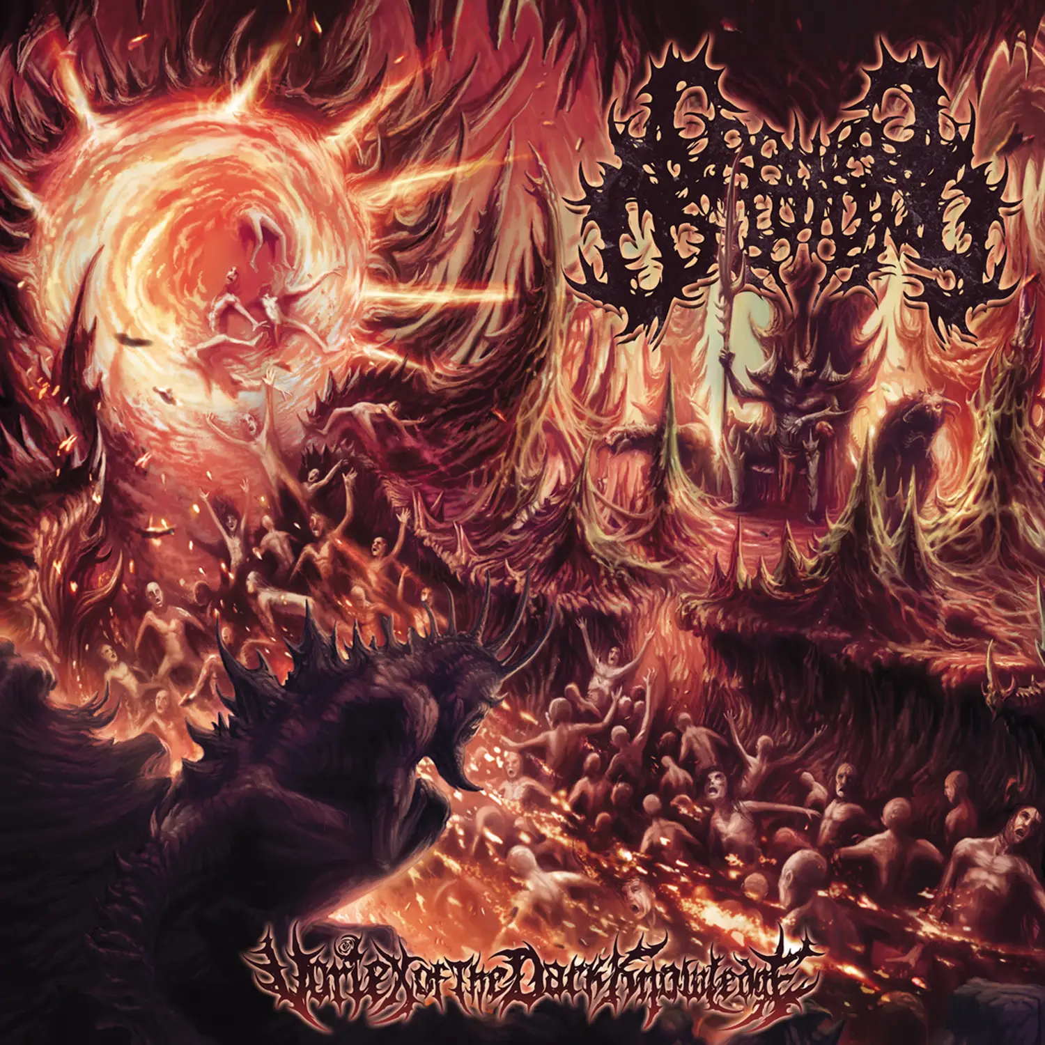Fiery hellscape with a large dragon in the foreground, lava swirls and screaming tormented figures throughout.