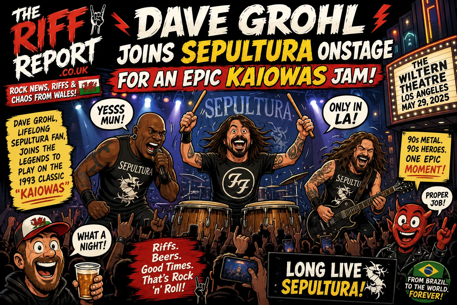 Comic-style concert poster announcing Dave Grohl joining Sepultura onstage for an epic Kaiowas jam, with band members on drums and guitar, fans in the foreground, and venue signage in the bright marquee.