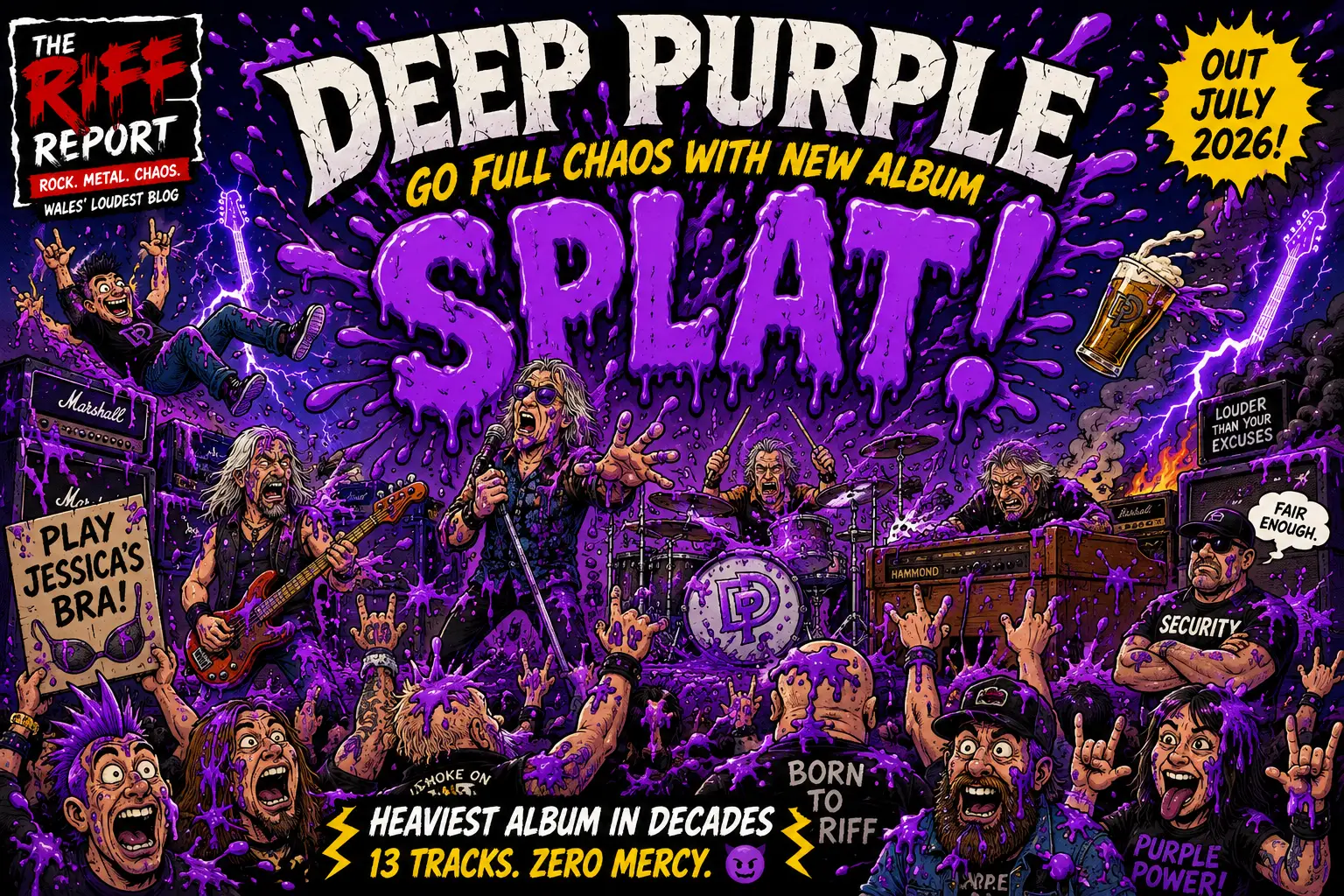 Chaotic concert poster for Deep Purple's new album, with purple slime splashes, a large 'SPLAT' title, band performing on stage and a screaming crowd; includes 'Out July 2026' burst and hype text.